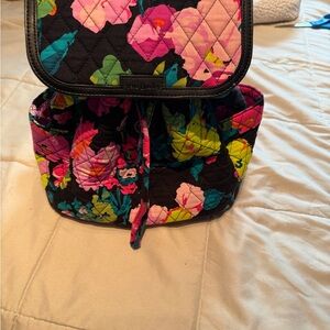 Vera Bradley Quilted Backpack - Black with Pink and Green Floral
